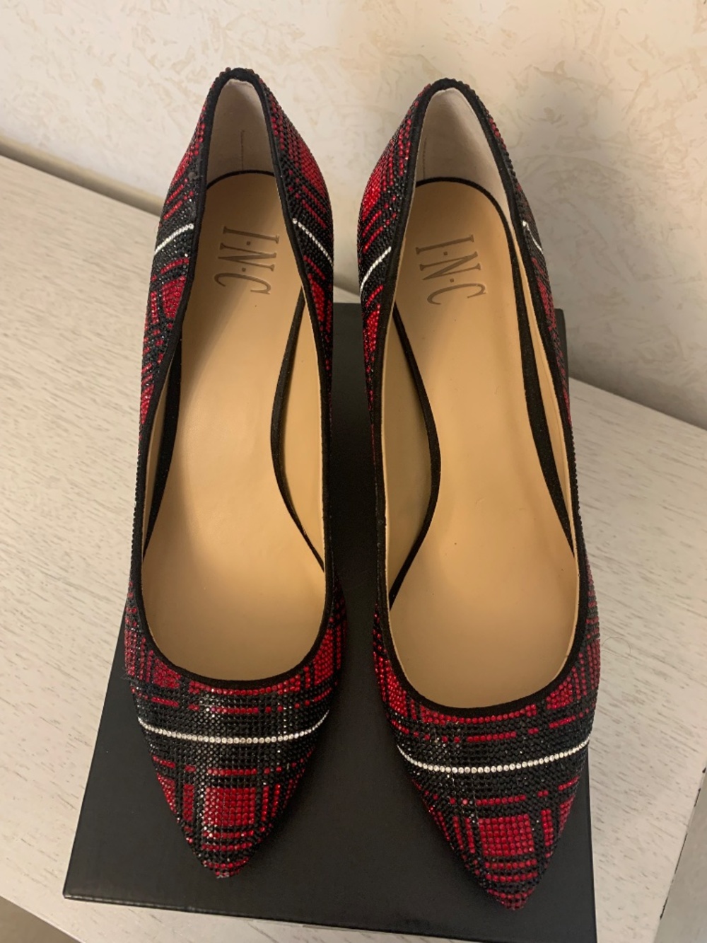 I. N. C. Black, red and silver, sparkling plaid heels, size 11. - Picture 3 of 10